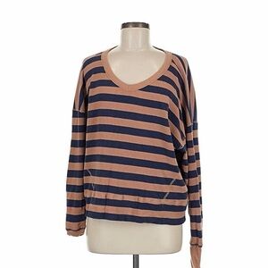 Aerie Navy and Tan Striped V-Neck Sweater